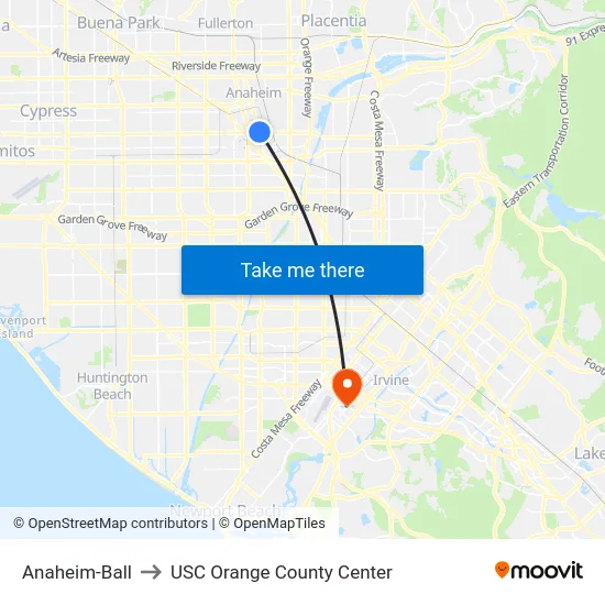 Anaheim-Ball to USC Orange County Center map