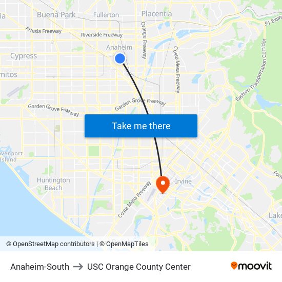 Anaheim-South to USC Orange County Center map