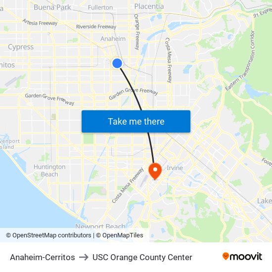 Anaheim-Cerritos to USC Orange County Center map