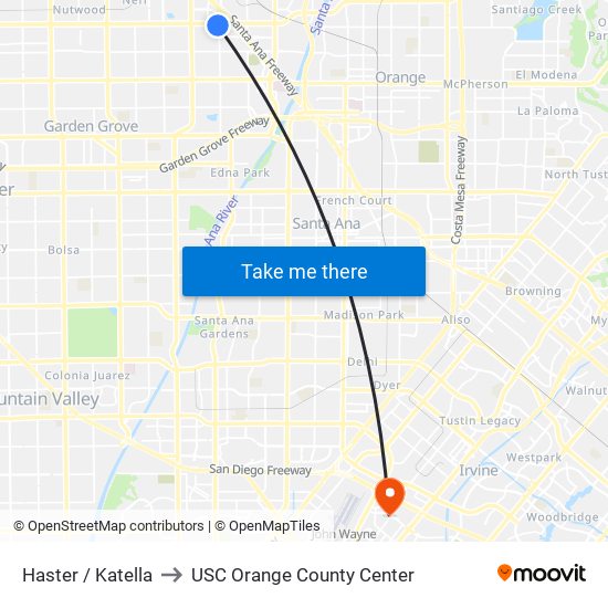 Haster / Katella to USC Orange County Center map