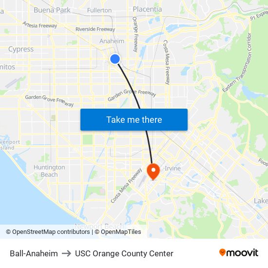 Ball-Anaheim to USC Orange County Center map