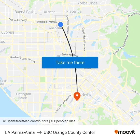 LA Palma-Anna to USC Orange County Center map