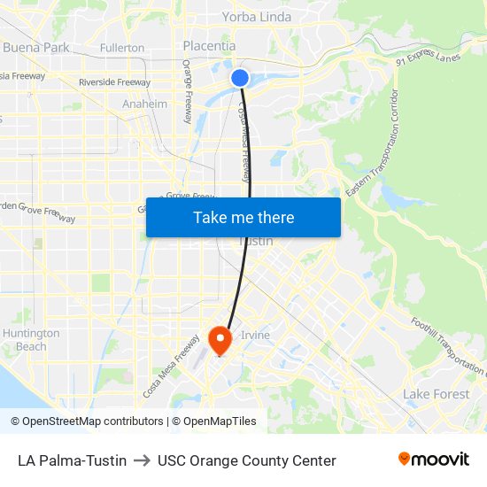 LA Palma-Tustin to USC Orange County Center map