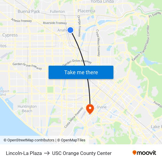 Lincoln-La Plaza to USC Orange County Center map