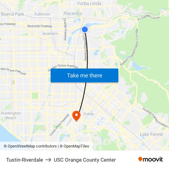 Tustin-Riverdale to USC Orange County Center map