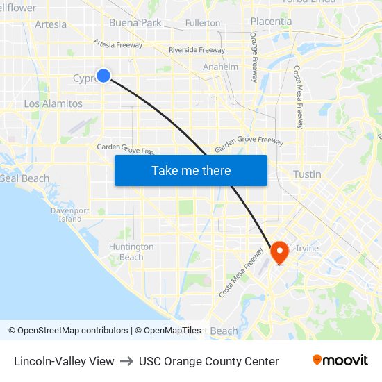 Lincoln-Valley View to USC Orange County Center map