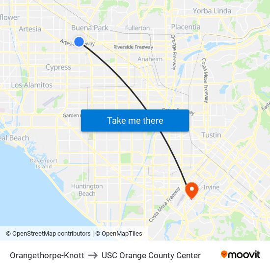 Orangethorpe-Knott to USC Orange County Center map