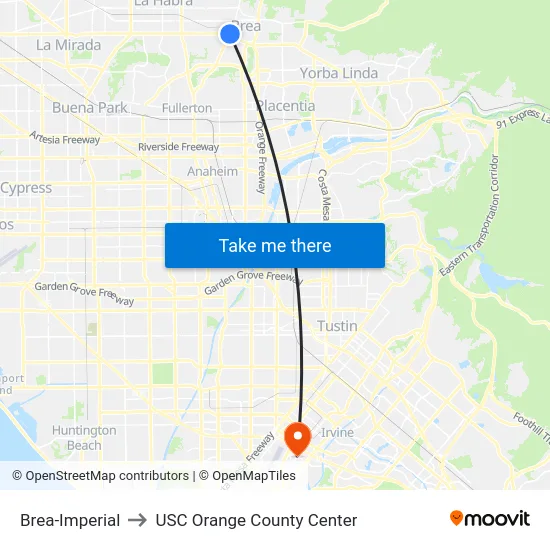 Brea-Imperial to USC Orange County Center map