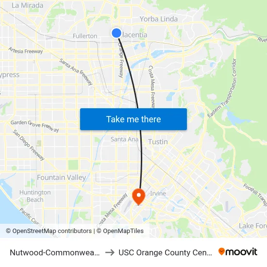 Nutwood-Commonwealth to USC Orange County Center map