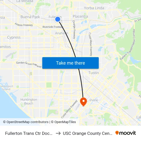 Fullerton Trans Ctr Dock 4 to USC Orange County Center map