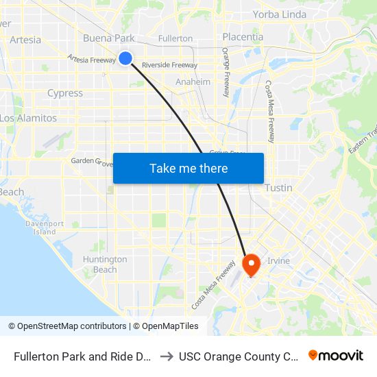 Fullerton Park and Ride Dock 5 to USC Orange County Center map