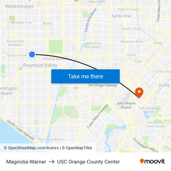Magnolia-Warner to USC Orange County Center map