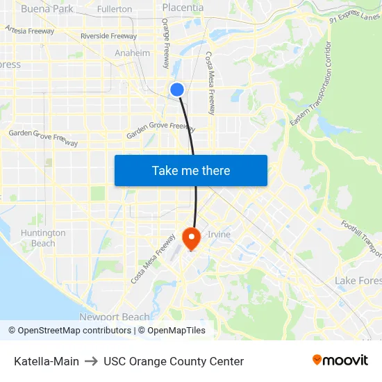 Katella-Main to USC Orange County Center map