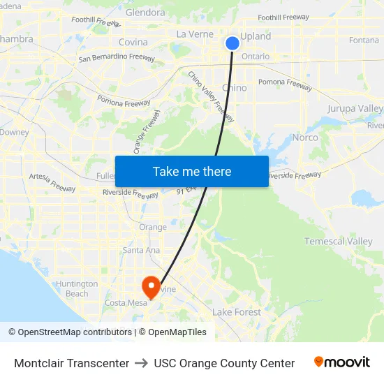 Montclair Transcenter to USC Orange County Center map