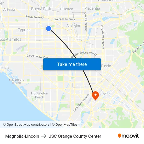 Magnolia-Lincoln to USC Orange County Center map
