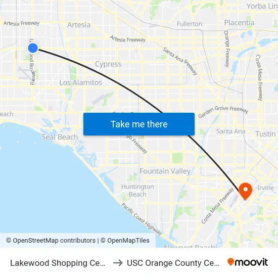 Lakewood Shopping Center to USC Orange County Center map
