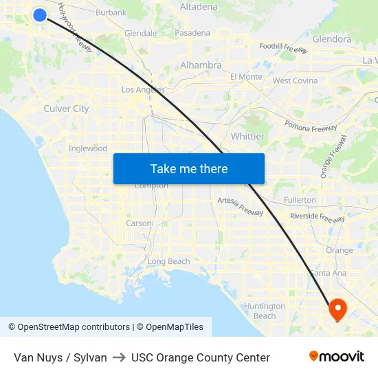 Van Nuys / Sylvan to USC Orange County Center map