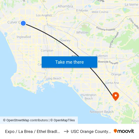 Expo / La Brea / Ethel Bradley Station to USC Orange County Center map