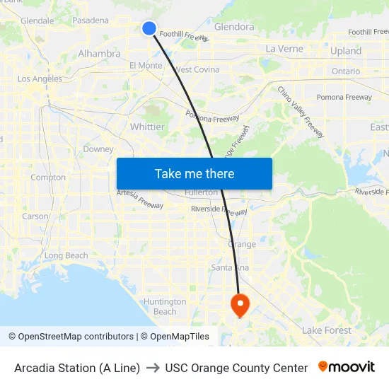 Arcadia Station (A Line) to USC Orange County Center map