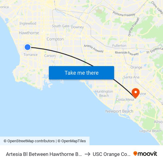 Artesia Bl Between Hawthorne Bl & Redondo Beach Bl to USC Orange County Center map