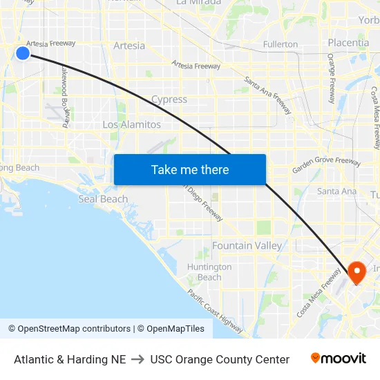 Atlantic & Harding NE to USC Orange County Center map