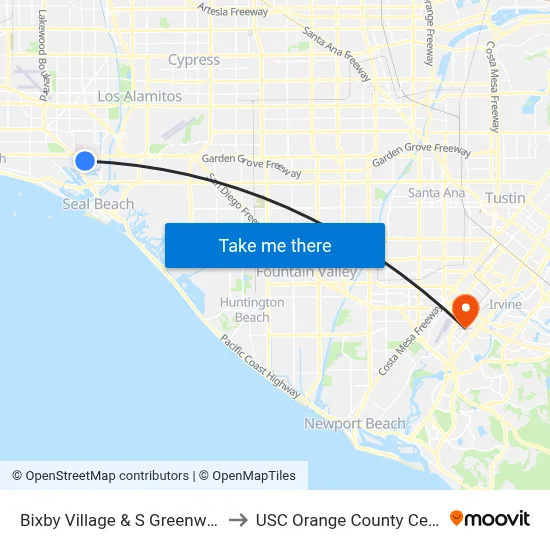 Bixby Village & S Greenway E to USC Orange County Center map