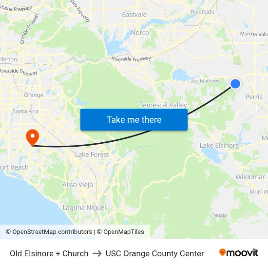 Old Elsinore + Church to USC Orange County Center map