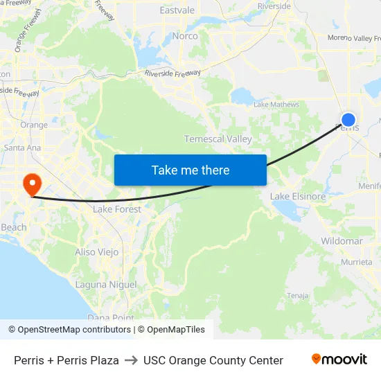 Perris + Perris Plaza to USC Orange County Center map