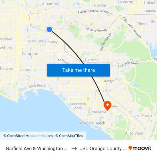 Garfield Ave & Washington Blvd (SB) to USC Orange County Center map