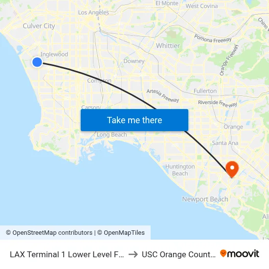 LAX Terminal 1 Lower Level Flyaway Stop to USC Orange County Center map
