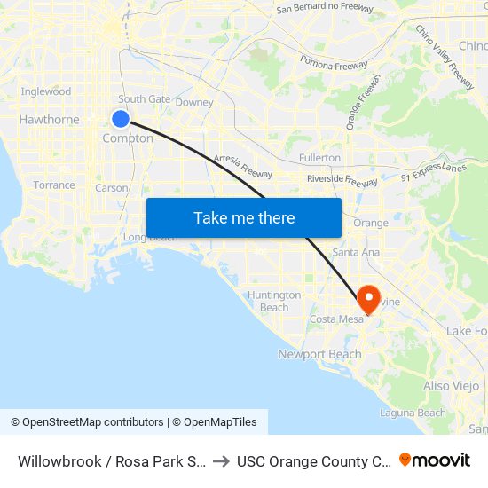 Willowbrook / Rosa Park Station to USC Orange County Center map