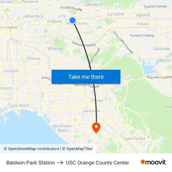 Baldwin Park Station to USC Orange County Center map