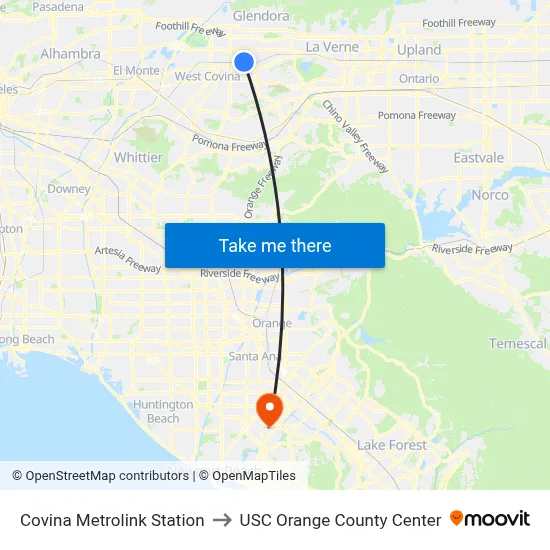 Covina Metrolink Station to USC Orange County Center map