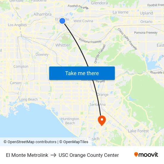 El Monte Metrolink to USC Orange County Center map
