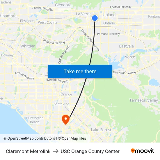 Claremont Metrolink to USC Orange County Center map