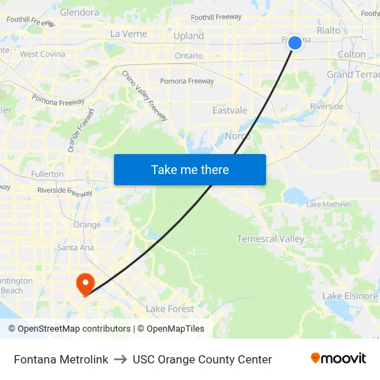 Fontana Metrolink to USC Orange County Center map