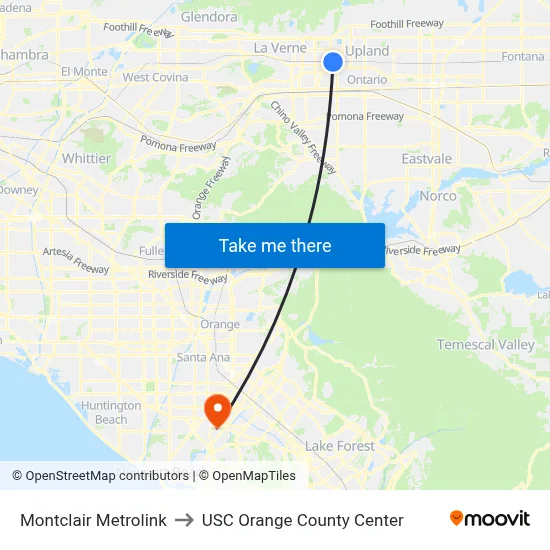 Montclair Metrolink to USC Orange County Center map