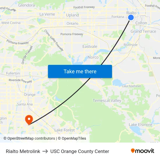 Rialto Metrolink to USC Orange County Center map
