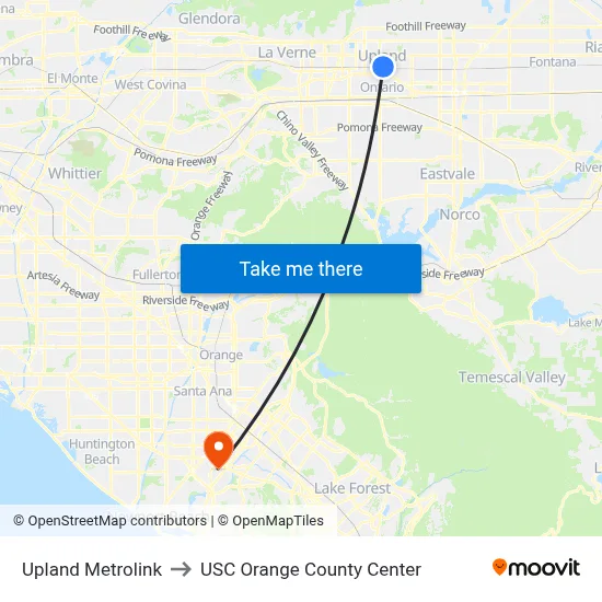 Upland Metrolink to USC Orange County Center map