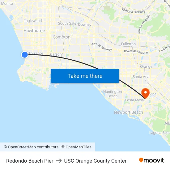 Redondo Beach Pier to USC Orange County Center map