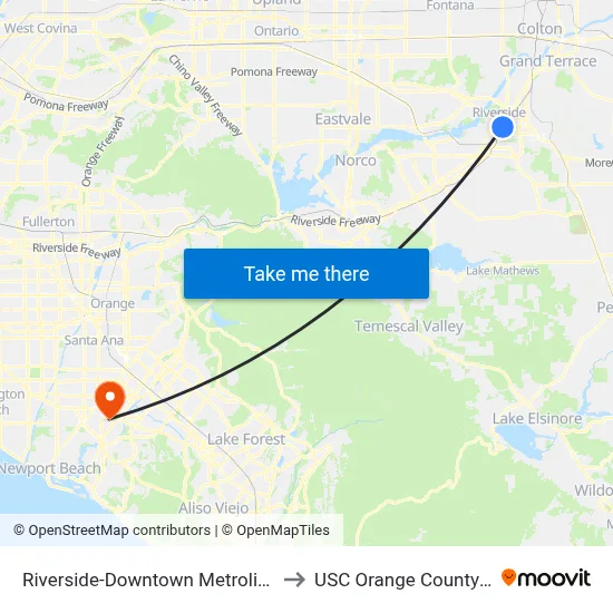 Riverside-Downtown Metrolink Station to USC Orange County Center map