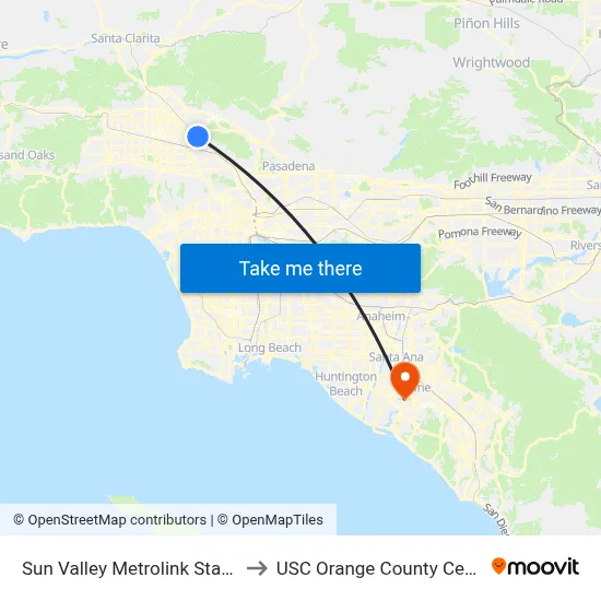 Sun Valley Metrolink Station to USC Orange County Center map
