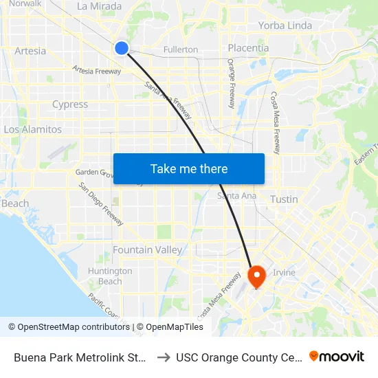 Buena Park Metrolink Station to USC Orange County Center map