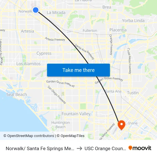 Norwalk/ Santa Fe Springs Metrolink Station to USC Orange County Center map