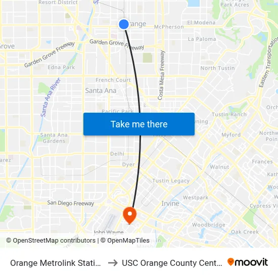Orange Metrolink Station to USC Orange County Center map