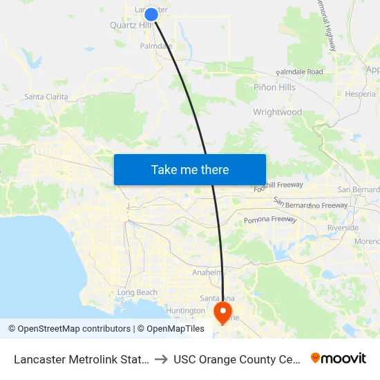 Lancaster Metrolink Station to USC Orange County Center map
