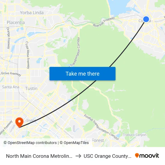 North Main Corona Metrolink Station to USC Orange County Center map