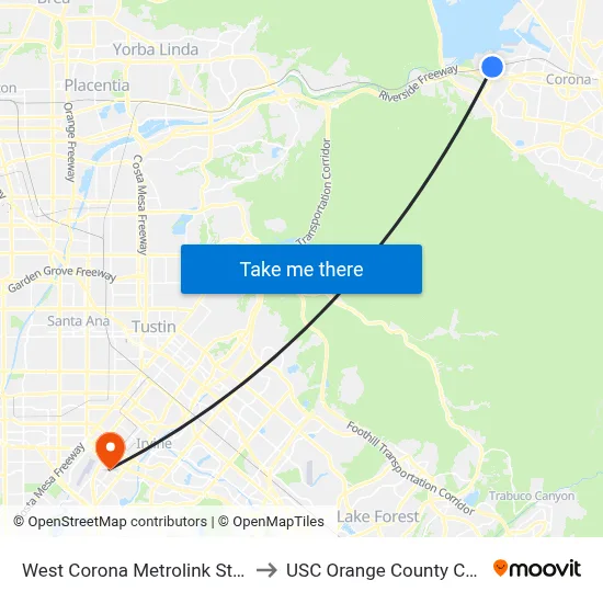 West Corona Metrolink Station to USC Orange County Center map