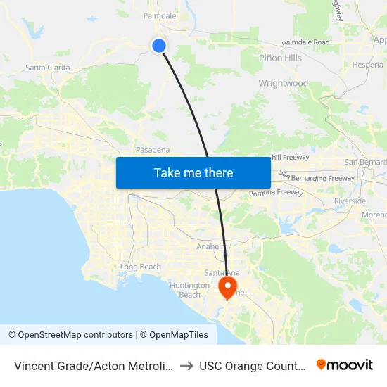 Vincent Grade/Acton Metrolink Station to USC Orange County Center map
