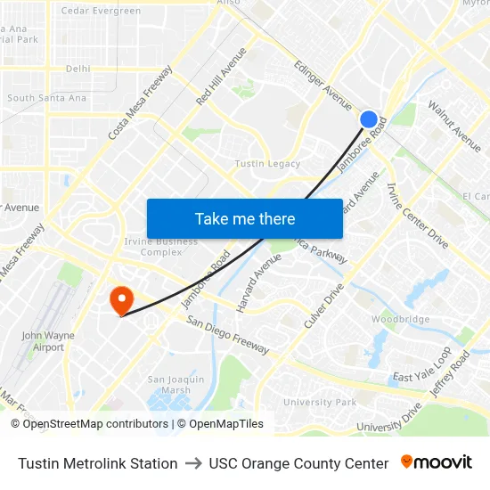 Tustin Metrolink Station to USC Orange County Center map
